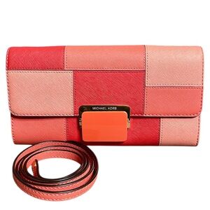Michael Kors Pink Patchwork Saffiano Leather Convertible Clutch Removable Strap